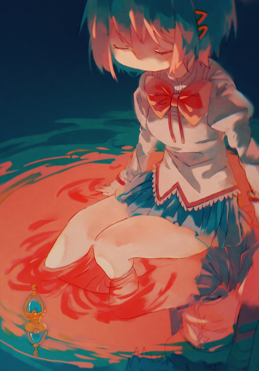 1girl absurdres arms_at_sides blue_hair blue_skirt bow bowtie closed_eyes feet_out_of_frame hair_ornament hairclip highres kumo02 limited_palette long_sleeves mahou_shoujo_madoka_magica miki_sayaka miniskirt puffy_long_sleeves puffy_sleeves red_bow red_bowtie reflection reflective_water school_uniform shirt short_hair sitting skirt soaking_feet solo soul_gem yellow_shirt