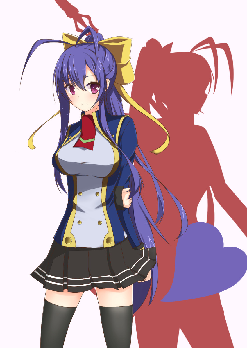 2girls antenna_hair arms_behind_back bangs black_legwear blazblue blazblue_remix_heart blazblue_variable_heart blue_hair blush bow breasts genderswap genderswap_(mtf) hair_bow heart highres kurotsubaki9628 large_breasts long_hair mai_natsume multiple_girls polearm ponytail ribbon school_uniform sidelocks silhouette simple_background smile spear standing thigh-highs time_paradox very_long_hair weapon yellow_bow