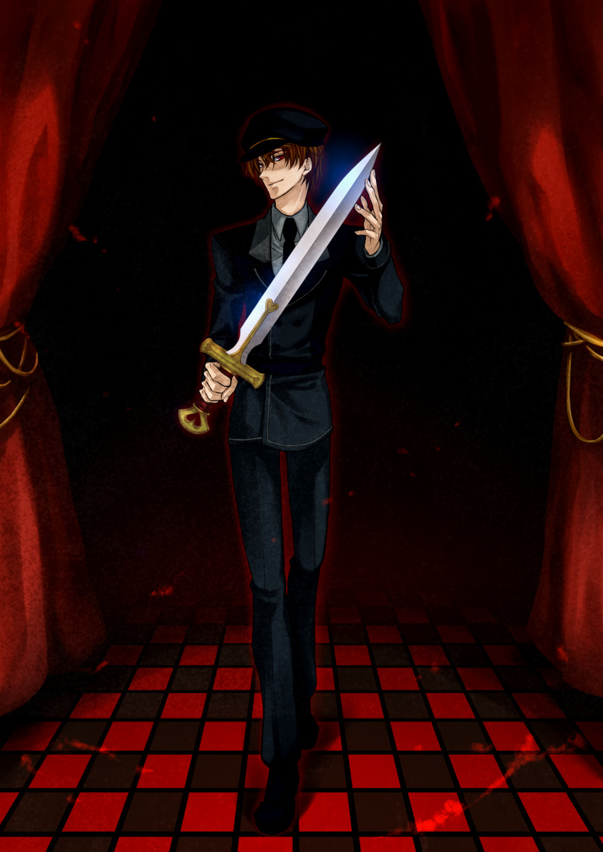 ace alice_in_the_country_of_the_heart brown_hair hat jacket necktie red_eyes short_hair sword uniform