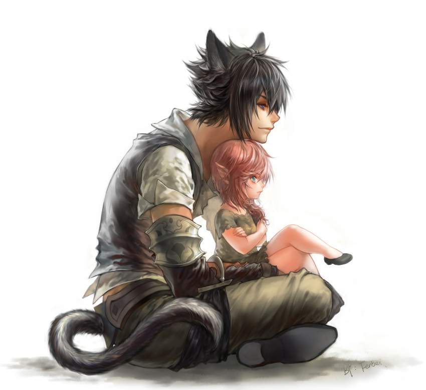 1boy 1girl animal_ears artist_name bare_legs black_hair blue_eyes cat_ears closed_mouth crossed_arms crossover fenbei final_fantasy final_fantasy_xiii final_fantasy_xiv final_fantasy_xv from_side full_body gloves height_difference lalafell lightning_farron miqo'te noctis_lucis_caelum pink_hair pointy_ears profile simple_background sitting size_difference spiky_hair tail white_background