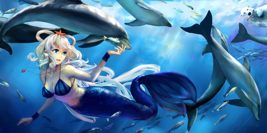 1girl alternate_color animal bear bikini_top blue_eyes breasts cleavage dolphin eating female fish food hair_rings jiaoshouwen long_hair luo_tianyi mermaid monster_girl necklace open_mouth polar_bear smile solo swimsuit underwater vocaloid water white_hair wristwear