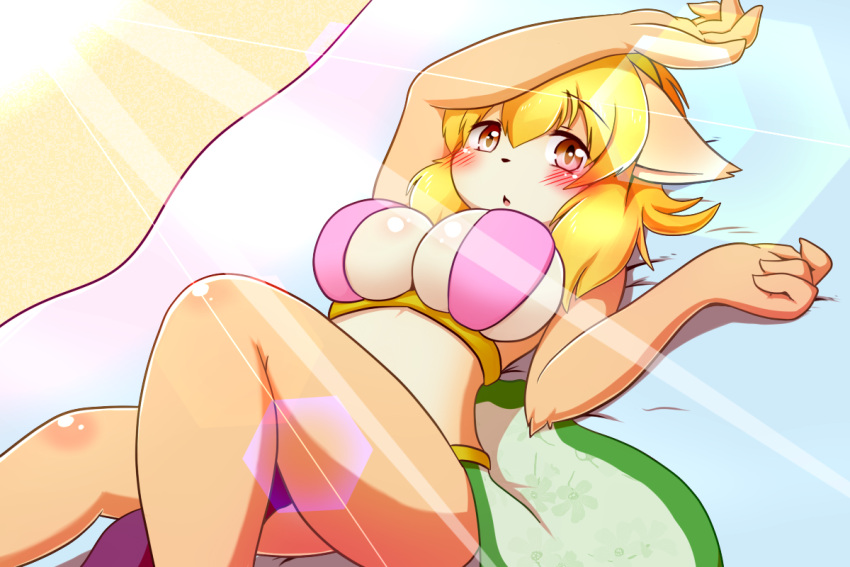 1girl blonde_hair blush breasts brown_eyes cat cleavage furry large_breasts laying_down liu_wo long_hair lying on_back solo
