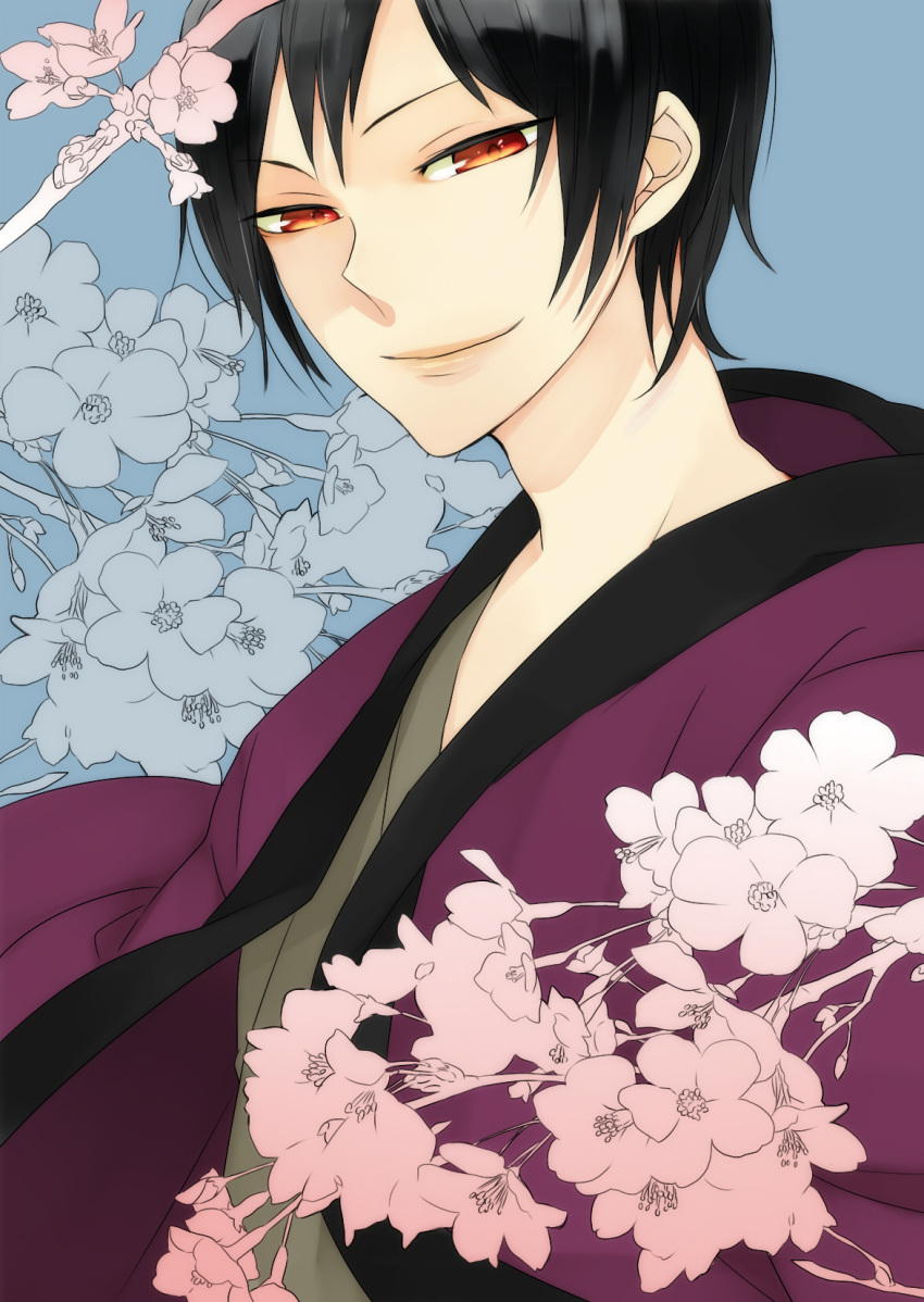 1boy black_hair durarara!! flower japanese_clothes male_focus orihara_izaya red_eyes short_hair smile solo