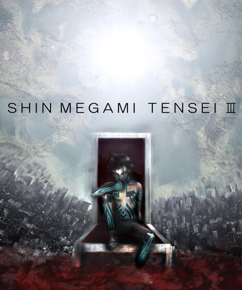 ahoge black_hair dark_skin hitoshura shin_megami_tensei shin_megami_tensei_nocturne short_hair shorts tattoo yellow_eyes