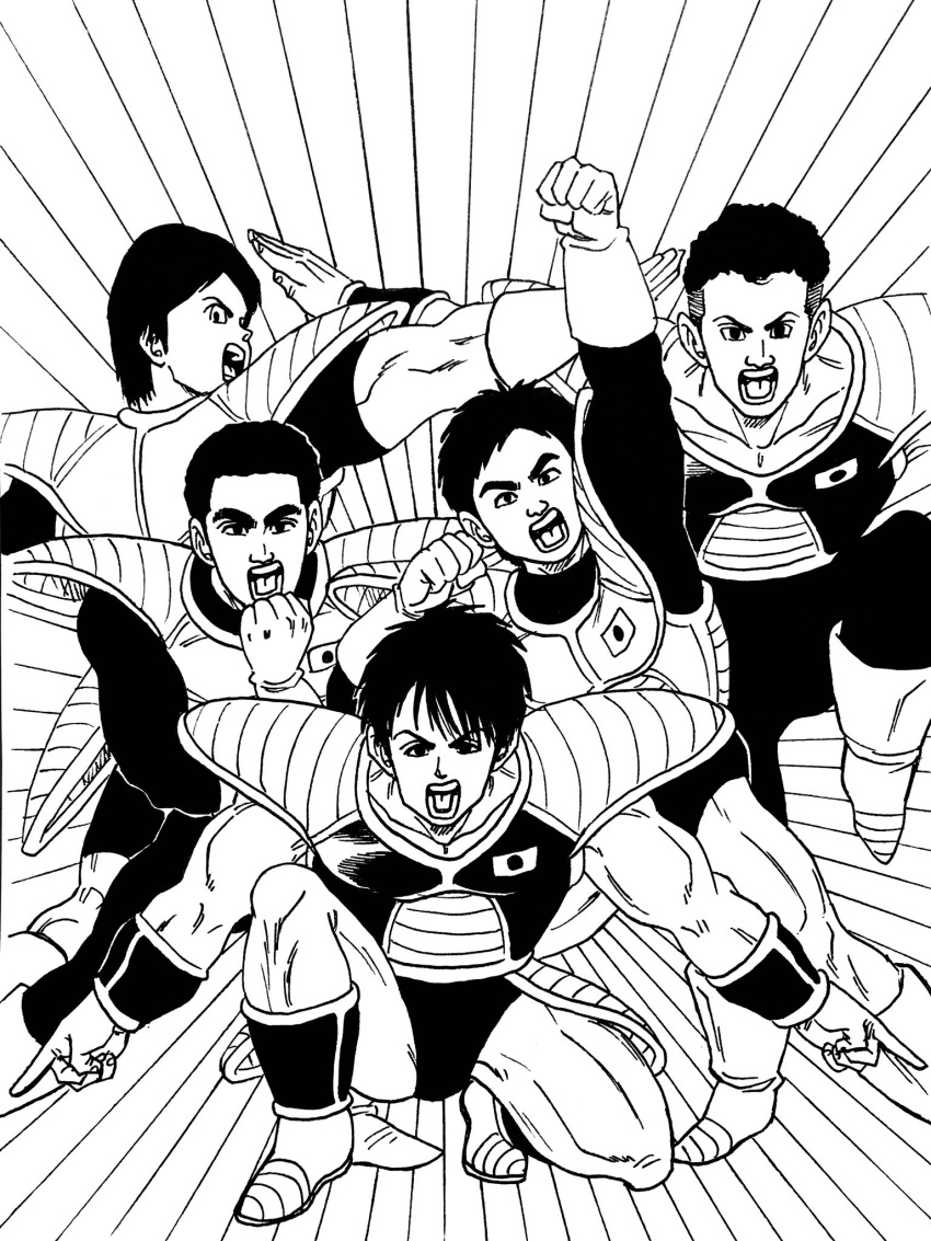 2016_summer_olympics 5boys armor boots dragon_ball dragon_ball_z dragonball_z ginyu_force_pose gloves greyscale highres ink_(medium) katou_ryouhei lee_(dragon_garou) male_focus monochrome multiple_boys muscle olympics open_mouth parody pose real_life shirai_kenzou shoulder_pads tanaka_yuusuke_(gymnast) traditional_media uchimura_kouhei yamamuro_kouji