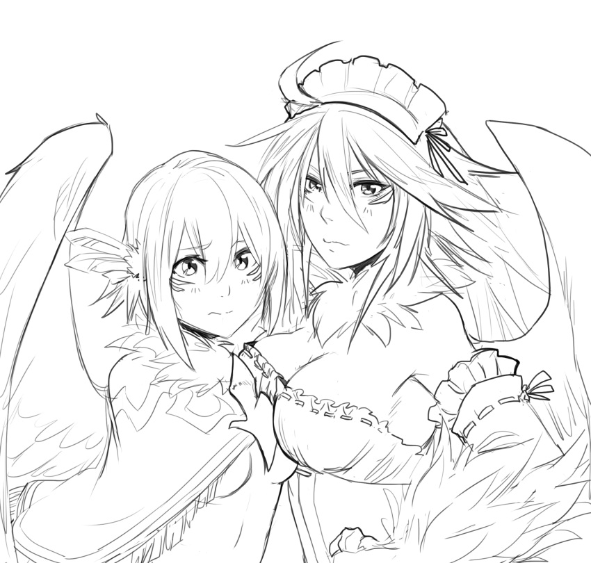 2girls ahoge artist_request asymmetrical_docking breast_press breasts feathers greyscale griffon_(monster_girl_encyclopedia) hair_feathers highres large_breasts looking_at_viewer maid_headdress monochrome monster_girl_encyclopedia multiple_girls sketch small_breasts source_request spiky_hair wings
