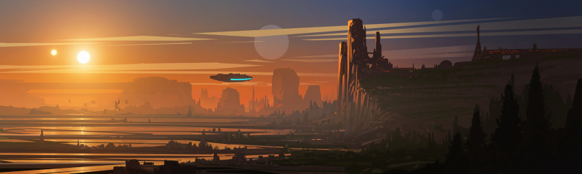 absurdres city clouds dusk engraved_(pixiv17631374) flying forest highres landscape millennium_falcon moon mountain nature scenery sky space_craft star_wars star_wars:_the_force_awakens sun tower tree