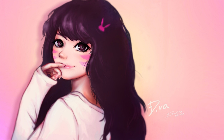 1girl brown_eyes brown_hair d.va_(overwatch) lips long_hair looking_at_viewer looking_back overwatch portrait satongsati signature sleeves_past_wrists solo upper_body whisker_markings