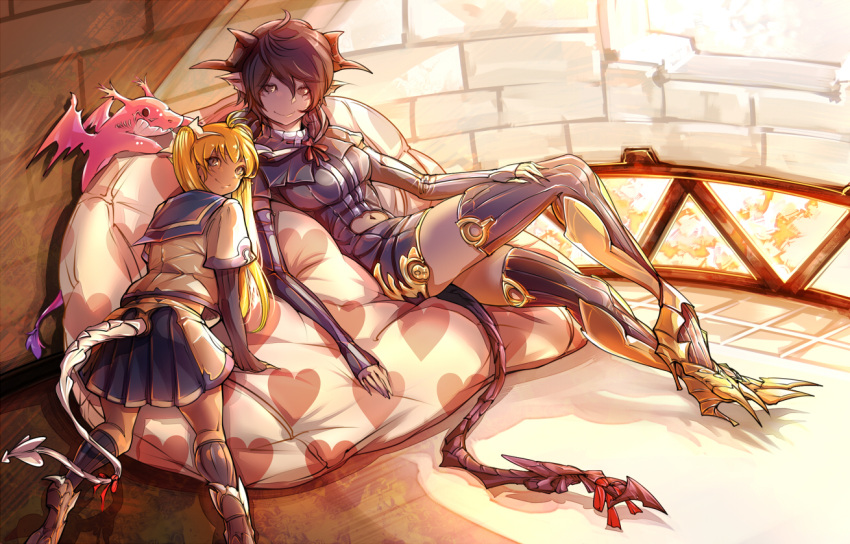 2girls ahoge all_fours armor armored_boots bean_bag_chair blonde_hair boots breasts brown_eyes brown_hair claws dragon dragon_girl dragon_horns dragon_tail elbow_gloves fantasy fingerless_gloves gloves heart horns kneehighs long_hair looking_at_viewer looking_back lying masayoshi medium_breasts mini_dragon monster_girl multiple_girls navel original pleated_skirt ribbon sailor_collar short_hair short_sleeves sitting skirt smile tail tail_ribbon thigh-highs thigh_boots twintails yellow_eyes