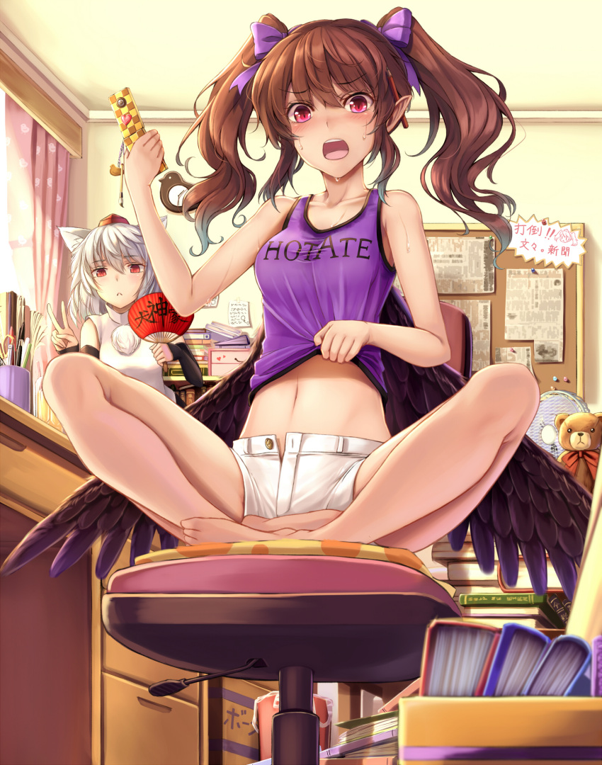 2girls :&lt; alternate_costume animal_ears bare_shoulders barefoot black_gloves black_wings blush book bow breasts brown_hair casual cellphone chair clothes_writing crotch cup elbow_gloves fan fingerless_gloves gloves hair_bow hat highres himekaidou_hatate indian_style indoors inubashiri_momiji kirieroido_iii lifted_by_self looking_at_viewer medium_breasts midriff mug multiple_girls navel open_mouth pen pencil phone pink_eyes pointy_ears purple_bow red_eyes scissors short_hair shorts silver_hair sitting strap stuffed_animal stuffed_toy sweat tank_top teddy_bear tokin_hat touhou trash_can twintails v white_hair white_shorts wings wolf_ears