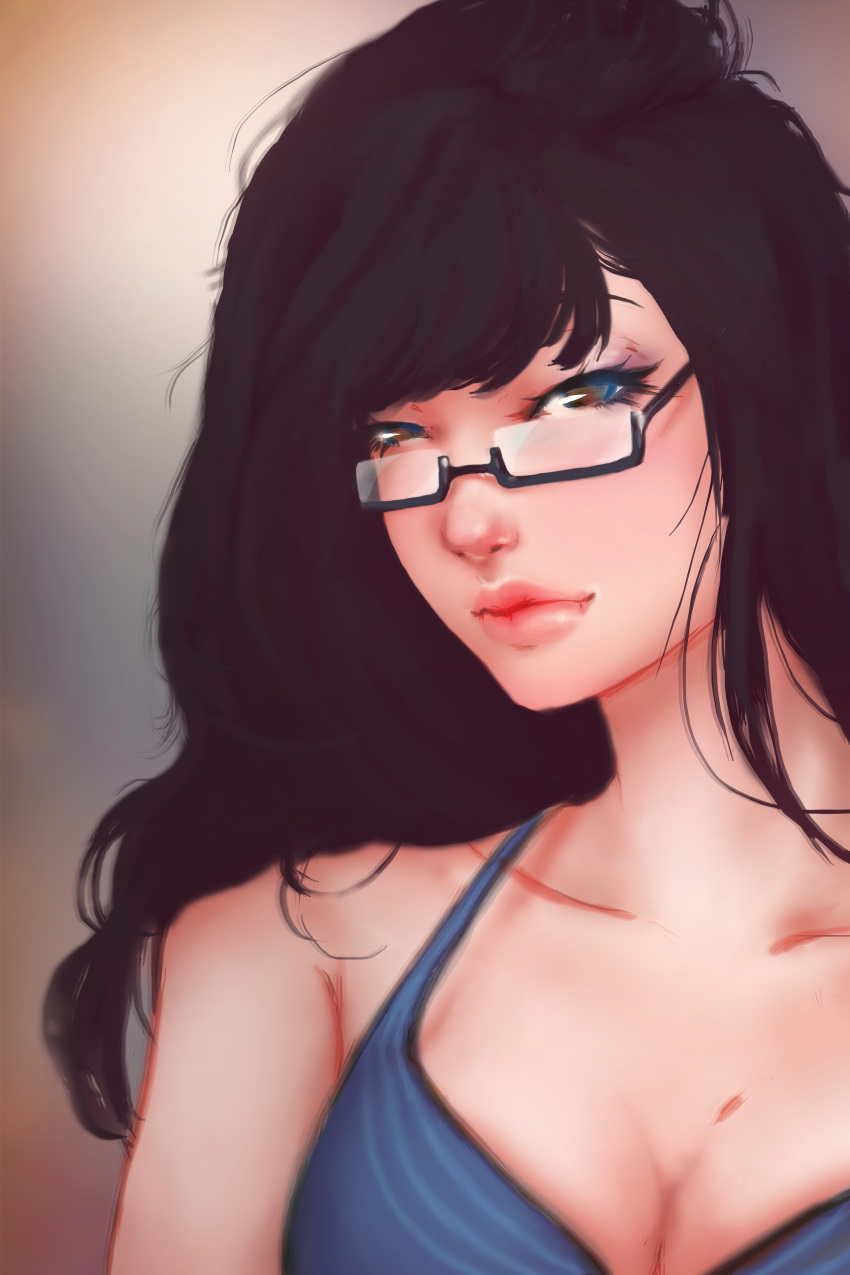 1girl absurdres black_hair breasts brown_eyes brown_hair cleavage eyelashes glasses hair_down half-closed_eyes highres large_breasts lips looking_at_viewer mei_(overwatch) overwatch portrait realistic satongsati semi-rimless_glasses solo under-rim_glasses