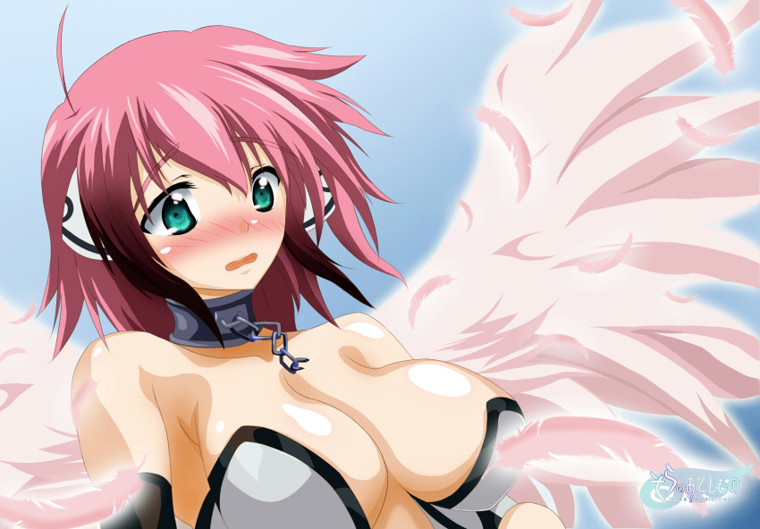1girl ahoge android angel angel_wings aqua_eyes bare_shoulders blush breasts chains cleavage collar green_eyes highres ikaros large_breasts long_hair looking_at_viewer multicolored_hair open_mouth pink_hair redhead ribbon robot_ears short_hair solo sora_no_otoshimono twintails very_long_hair wings