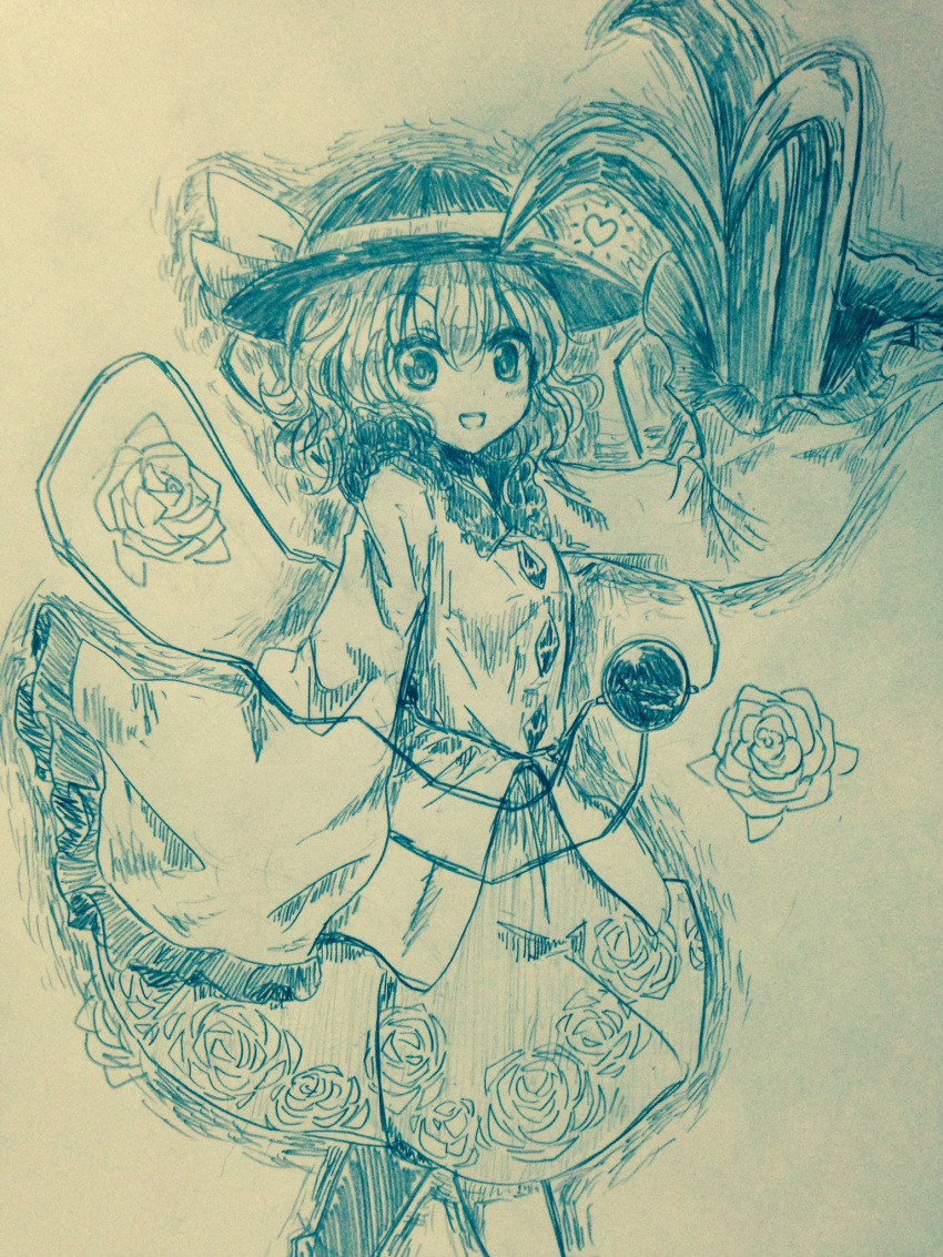 1girl blush bow claws dress efu_kei eyeball eyes female flower gradient gradient_background hat hat_bow heart heart_of_string highres komeiji_koishi long_sleeves looking_at_viewer monochrome open_mouth plant ribbon rose short_hair skirt solo third_eye touhou wide_sleeves