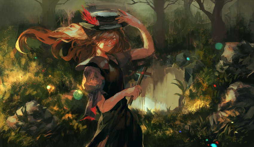 1girl backlighting bangs black_skirt black_vest brown_hair cross day dolls_in_pseudo_paradise error fedora forest gem grass grin hair_between_eyes hand_on_headwear hat hat_feather highres holding_cross hourai_doll light_particles long_hair long_skirt looking_at_viewer nature nazoko pond red_eyes reflection rock shirt short_sleeves skirt smile solo sunlight touhou white_shirt wind