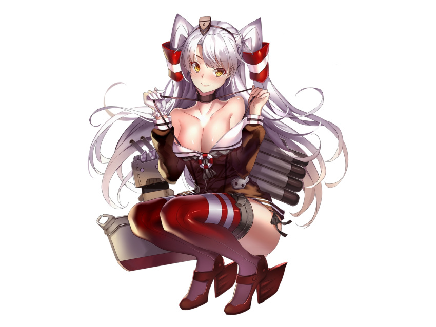 1girl amatsukaze_(kantai_collection) blush breasts brown_eyes choker cleavage female grey_hair kantai_collection long_hair miyazaki_byou rensouhou-kun solo thigh-highs twintails