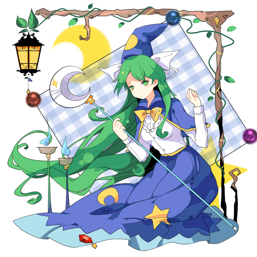 1girl bangs blue_skirt bow breasts candlelight capelet commentary crescent_moon expressionless gem green_hair hat hat_bow highres holding_staff ideolo_(style) lantern long_hair long_sleeves medium_breasts mima moon parody plant shirt skirt solo staff star star_print style_parody sun_print touhou touhou_(pc-98) very_long_hair vines white_background white_shirt witch_hat yorktown_cv-5