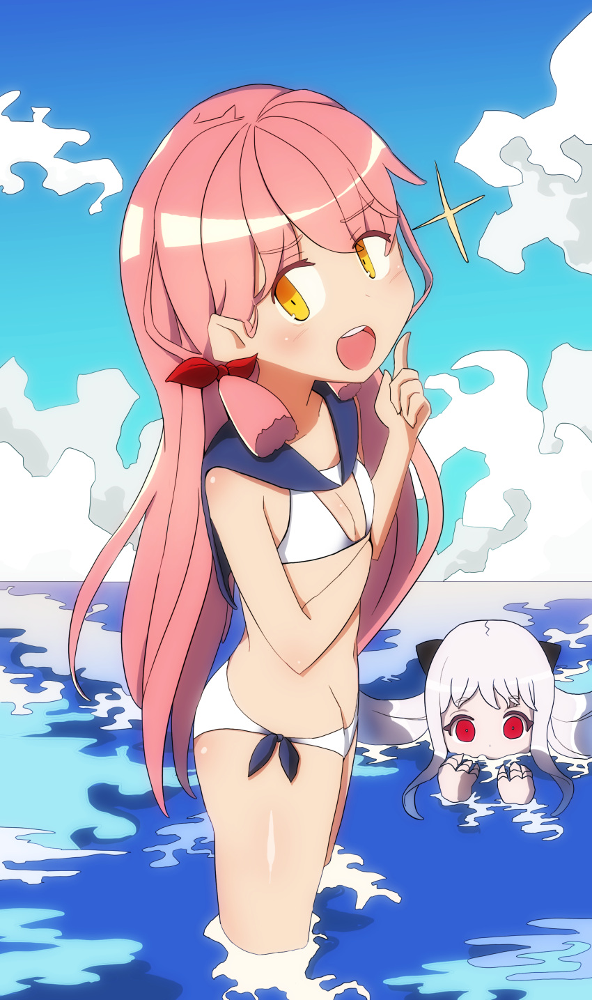 2girls absurdres akashi_(kantai_collection) bikini blush breasts claws cleavage covered_mouth gsri hair_ribbon highres horns kantai_collection long_hair looking_at_viewer multiple_girls navel northern_ocean_hime ocean open_mouth pale_skin partially_submerged pink_hair red_eyes ribbon shinkaisei-kan side-tie_bikini smile swimsuit tress_ribbon twintails water white_hair white_skin yellow_eyes