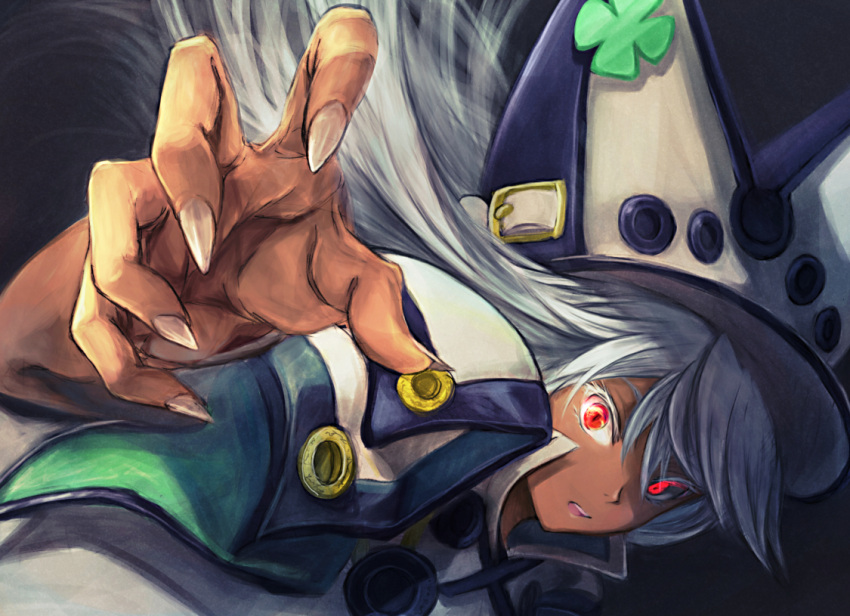1girl claw_pose clover dark_skin eyebrows eyes four-leaf_clover guilty_gear guilty_gear_xrd hair_between_eyes hat highres looking_at_viewer open_mouth orange_eyes outstretched_arm popped_collar ramlethal_valentine sharp_nails shouma_(bravespiritya) silver_hair slit_pupils solo white_eyelashes