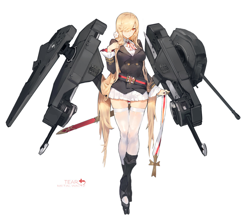 1girl belt blonde_hair breasts centurion_mk1 full_body hair_over_one_eye highres kishiyo long_hair looking_at_viewer mecha_musume panzer_waltz pleated_skirt red_eyes sheath sheathed simple_background skindentation skirt smile solo sword thigh-highs thigh_gap very_long_hair weapon white_background white_legwear
