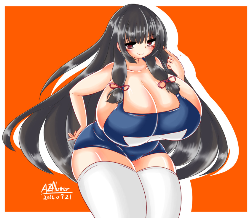 1girl alternate_breast_size ayazumi_flutter black_hair blue_swimsuit breasts cleavage collarbone female gigantic_breasts isokaze_(kantai_collection) kantai_collection leaning_forward long_hair one-piece_swimsuit plump red_eyes school_swimsuit sideboob simple_background solo standing swimsuit thick_thighs thigh-highs white_legwear