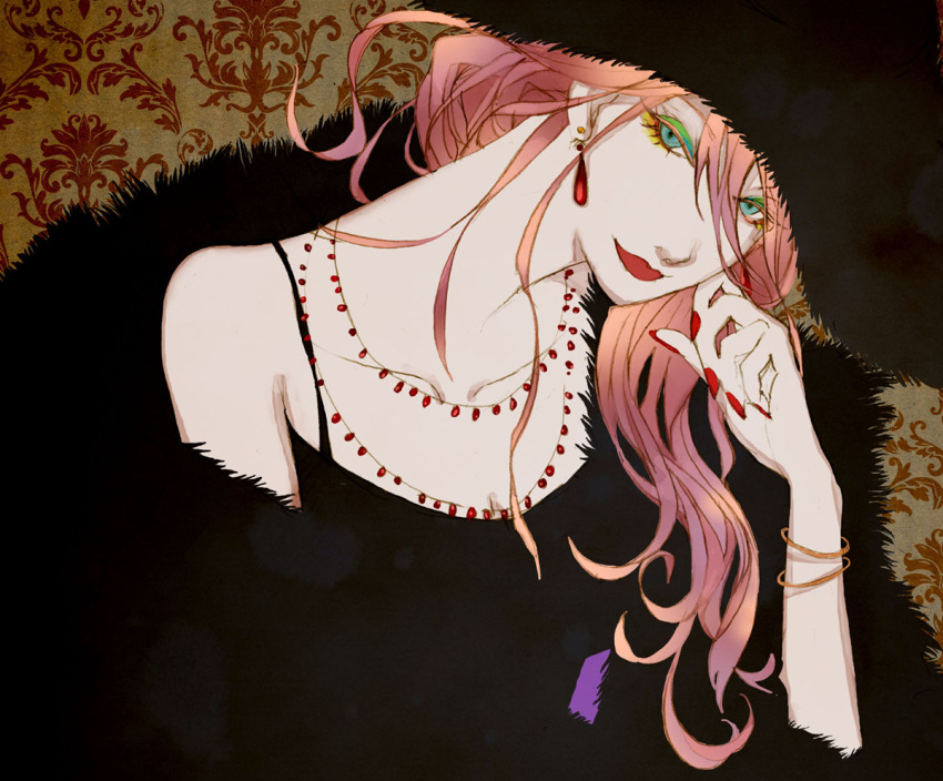 00s 1girl bare_shoulders bracelet closed_mouth collarbone dress earrings eyeshadow fur hat head_tilt hourouzanmai howl_no_ugoku_shiro jewelry lipstick long_hair looking_at_viewer makeup nail_polish necklace pink_hair red_lips red_nails simple_background smile solo studio_ghibli upper_body witch_of_the_waste