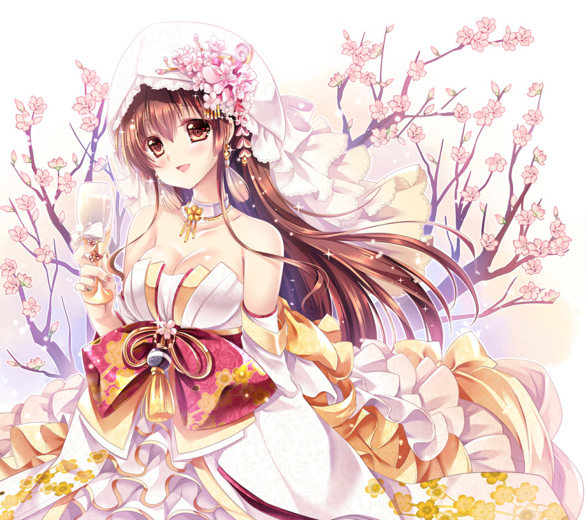 1girl alternate_costume bare_shoulders blush breasts brown_eyes brown_hair cherry_blossoms cleavage collar dress earrings glass hair_ornament hat hood japanese_clothes kantai_collection kimono large_breasts long_hair looking_at_viewer open_mouth sakurano_tsuyu smile solo sparkle uchikake wedding wedding_dress yamato_(kantai_collection)