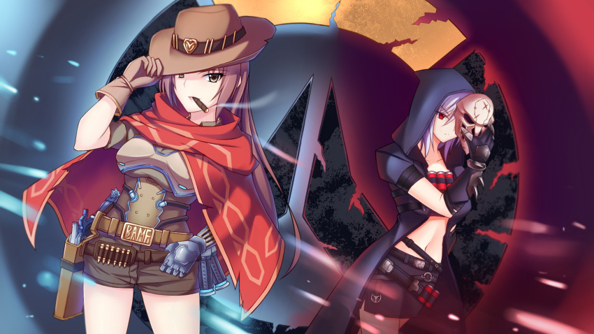 2girls ammunition ammunition_belt arm_strap armor bandolier bangs belt belt_buckle black_clothes black_skirt breastplate breasts brown_belt brown_eyes brown_gloves brown_hair brown_shorts buckle bullet cape cartridge chapter0p cigar claws coat cowboy_hat cowboy_shot cyborg emblem eyebrows eyebrows_visible_through_hair gauntlets genderswap genderswap_(mtf) gloves grey_hair gun hand_on_headwear hand_up handgun hat highres holster hood hooded_jacket jacket logo long_hair looking_at_viewer mask mccree_(overwatch) mechanical_hand midriff mouth_hold multiple_girls navel open_clothes open_coat overwatch pistol poncho reaper_(overwatch) red_cape red_eyes revolver sheath sheathed short_shorts short_sleeves shorts shotgun_shells single_glove skirt skull_mask sleeves_rolled_up smoke spiked_gauntlets standing stomach trench_coat weapon