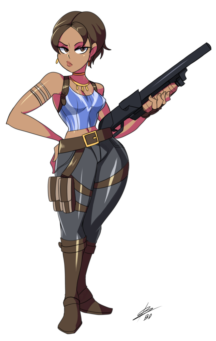 1girl bigdead93 boots breasts capcom dark_skin female resident_evil resident_evil_5 sheva_alomar weapon