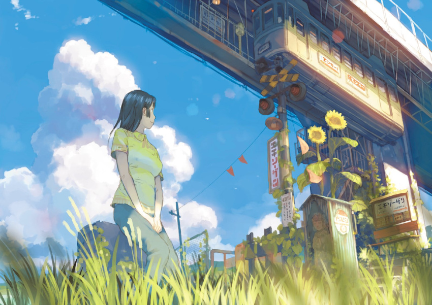 1girl blue_sky bridge chain-link_fence clouds copyright_request day denim fence flower from_below from_ground grass ground_vehicle highres jeans leaf leaning_back leaning_on_object outdoors pants plant railroad_crossing railroad_signal railroad_tracks shirt sign sky smile solo solo_focus stairs standing sunflower teikoku_shounen train upper_body v_arms vines yellow_shirt