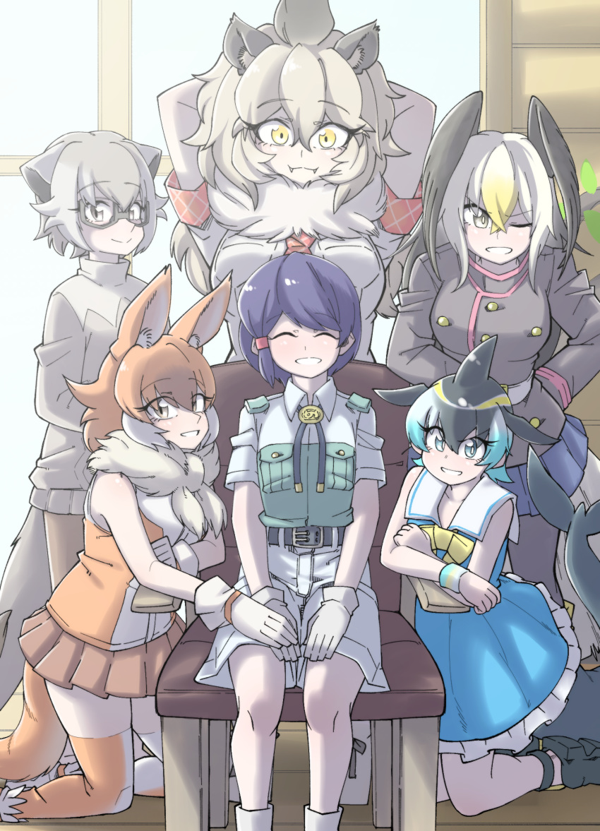 6+girls ^_^ animal_ears arm_support arms_behind_head arms_up bald_eagle_(kemono_friends) bangs bare_arms bare_legs bare_shoulders behind_another belt black_hair blonde_hair blue_eyes blue_hair breast_pocket brown_hair buttons captain_(kemono_friends) cargo_shorts chair closed_eyes closed_mouth commentary_request common_dolphin_(kemono_friends) day dhole_(kemono_friends) dog_ears dog_girl dog_tail dolphin_tail dorsal_fin dress eyebrows_visible_through_hair eyes_visible_through_hair facing_viewer fangs fangs_out feet_out_of_frame fins frilled_dress frills fur_scarf glasses gloves gm_(ggommu) grey_eyes grey_hair hair_between_eyes hands_together head_fins head_wings height_difference highres indoors jacket kemono_friends kemono_friends_3 kneeling leaning_forward leaning_on_object lion_(kemono_friends) lion_ears long_sleeves looking_at_viewer medium_dress medium_hair meerkat_(kemono_friends) meerkat_ears meerkat_tail miniskirt multicolored_hair multiple_girls necktie one_eye_closed open_mouth pantyhose plaid plaid_neckwear plaid_sleeves pocket purple_hair sailor_collar scarf shirt short_hair short_sleeves shorts sidelocks sitting skirt sleeveless sleeveless_dress sleeveless_shirt smile standing sweater swept_bangs tail tail_fin thigh-highs two-tone_hair white_hair window wooden_floor yellow_eyes zettai_ryouiki