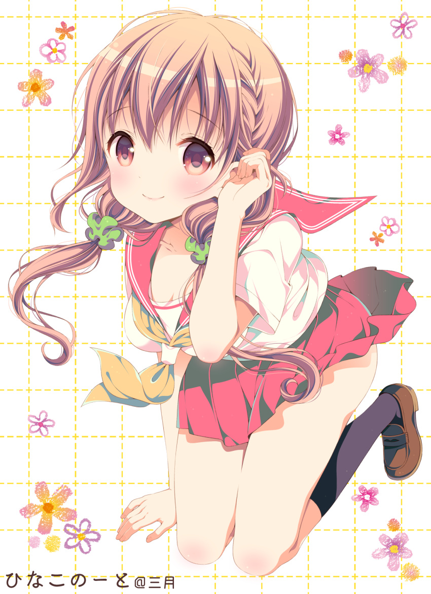 1girl bangs brown_eyes brown_hair brown_shoes cover cover_page flower grid_background hair_tucking highres hinako_note kneeling looking_at_viewer march-bunny neckerchief original red_skirt school_uniform scrunchie serafuku shoes short_sleeves skirt skirt_lift smile solo thighs twintails wind wind_lift