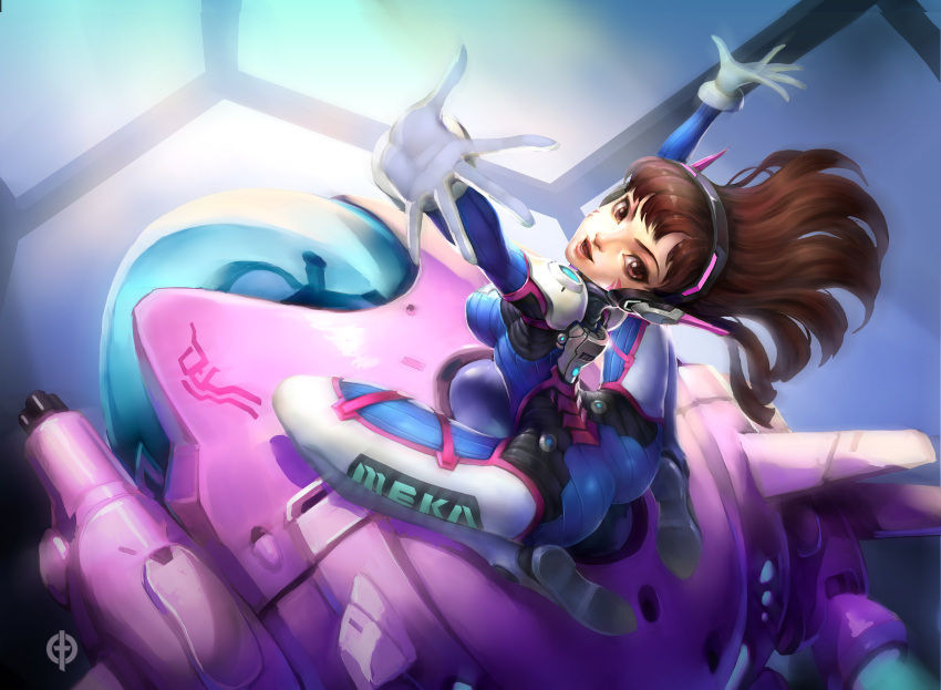 1girl absurdres ass bad_anatomy bangs bodysuit breasts brown_eyes brown_hair cockpit d.va_(overwatch) facepaint facial_mark from_above from_behind full_body gloves headphones highres long_hair looking_at_viewer looking_back mecha medium_breasts meka_(overwatch) open_mouth outstretched_arms overwatch pilot_suit shen_shen sitting sitting_on_object skin_tight solo swept_bangs whisker_markings white_gloves wind