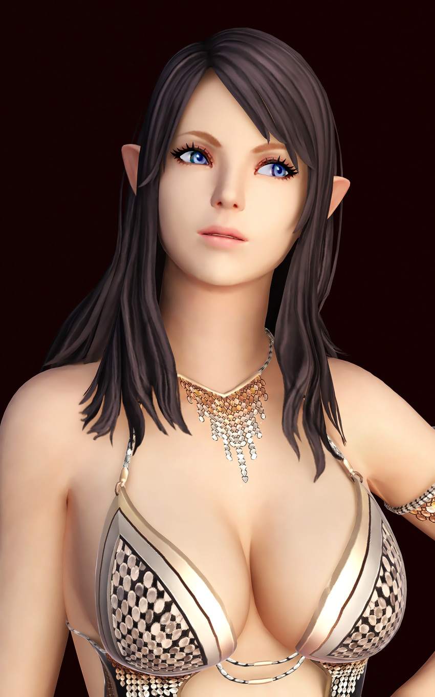 1girl 3d blue_eyes breasts brown_hair cleavage elf high_elf highres jewelry long_hair looking_to_the_side necklace parted_lips pointy_ears ryanreos solo tera_online upper_body