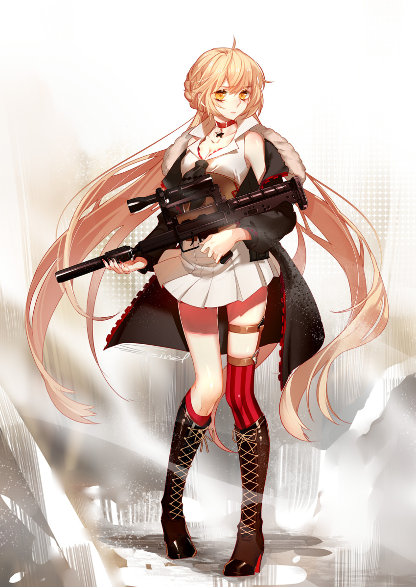 1girl bare_shoulders black_boots blonde_hair boots braid breasts choker cleavage cross-laced_footwear full_body girls_frontline gun highres holding holding_weapon jacket knee_boots lace-up_boots long_hair looking_at_viewer looking_away ots-14_(girls_frontline) pleated_skirt red_legwear single_thighhigh skirt solo sptuel standing striped striped_legwear thigh-highs twintails vertical-striped_legwear vertical_stripes very_long_hair weapon white_skirt yellow_eyes