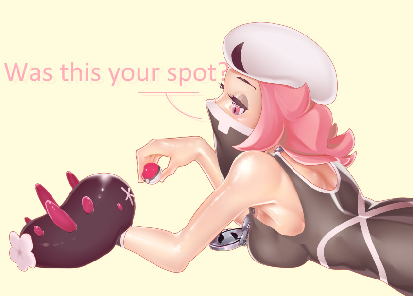10s 1girl bandana_over_mouth bandanna bare_shoulders breasts chain_necklace eyeshadow glo-s-s highres npc_trainer pink_eyes pink_hair poke_ball pokemon pokemon_(creature) pokemon_(game) pokemon_sm pyukumuku shiny shiny_skin simple_background skull_necklace team_skull team_skull_grunt wristband