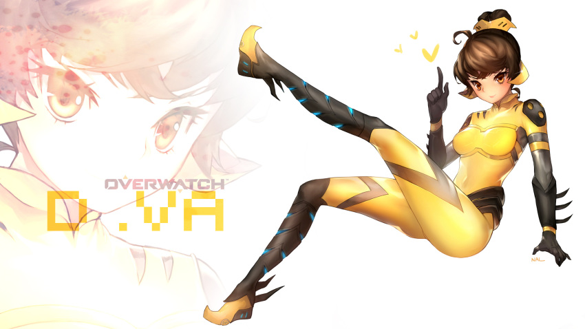 1girl alternate_color alternate_costume arm_at_side artist_name b.va_(overwatch) bangs black_gloves bodysuit boots breasts brown_eyes brown_hair character_name closed_mouth copyright_name d.va_(overwatch) gauntlets gloves hair_bun hand_up headgear heart highres leg_up lips looking_at_viewer medium_breasts nal_(nal's_pudding) overwatch pauldrons pink_lips ribbed_bodysuit short_hair shoulder_pads simple_background skin_tight solo spoken_heart turtleneck