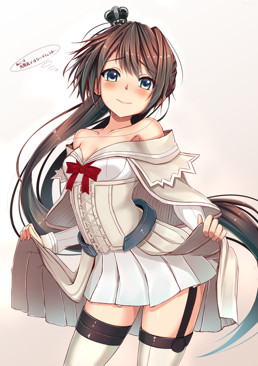 1girl bare_shoulders black_hair blue_eyes blush breasts brown_hair cosplay crown garter_straps highres houshou_(kantai_collection) jewelry kantai_collection long_hair long_sleeves looking_at_viewer mini_crown necklace off_shoulder ponytail sazamiso_rx skirt_hold small_breasts smile solo thigh-highs translation_request very_long_hair warspite_(kantai_collection) warspite_(kantai_collection)_(cosplay)
