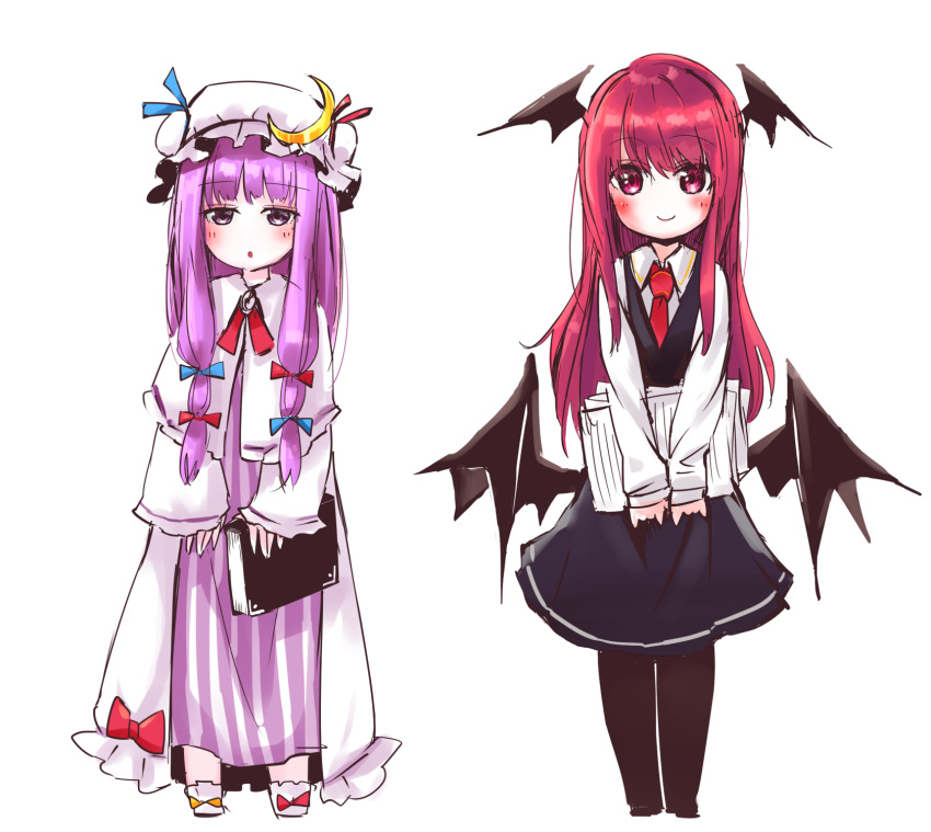 2girls :o black_legwear black_skirt black_vest blue_bow blue_ribbon blush book bow capelet chibi collared_shirt commentary_request crescent demon_girl demon_wings dress hair_bow hair_ribbon hat hat_ribbon head_wings highres holding holding_book holding_paper koakuma long_hair long_sleeves looking_at_viewer mappe_(778exceed) mob_cap multiple_girls necktie pajamas pantyhose patchouli_knowledge purple_hair red_bow red_eyes red_necktie red_ribbon redhead ribbon shirt sidelocks skirt skirt_set smile striped touhou tress_ribbon v_arms vertical-striped_dress vertical_stripes violet_eyes white_shirt wings