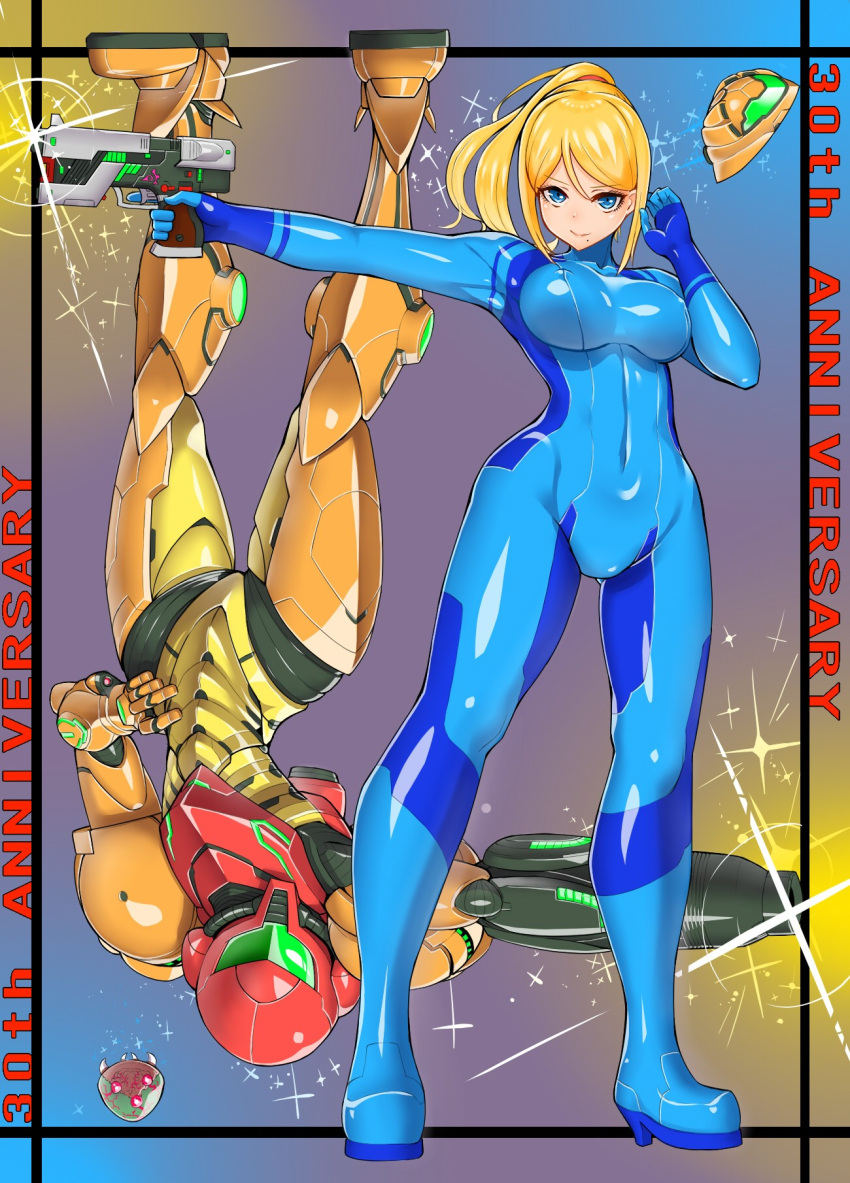 1girl adjusting_hair alien anniversary arm_cannon armor armpits bangs blonde_hair blue_eyes bodysuit breasts breasts_apart closed_mouth covered_navel dual_persona english erect_nipples female frame full_body glint glowing gradient gradient_background gun hair_tie haku_hakujou_daimaou hand_on_hip hand_up handgun helmet high_heels high_ponytail highres hips holding holding_gun holding_weapon hunter-class_gunship large_breasts legs_apart light_smile long_hair looking_at_viewer metroid metroid_(creature) mole mole_under_mouth neon_trim nintendo number outstretched_arm parted_bangs pilot_suit pistol ponytail power_armor power_suit samus_aran shiny shiny_clothes shoulder_pads sidelocks skin_tight slender_waist smile solo space_craft sparkle standing swept_bangs text trigger_discipline turtleneck upside-down varia_suit visor weapon zero_suit