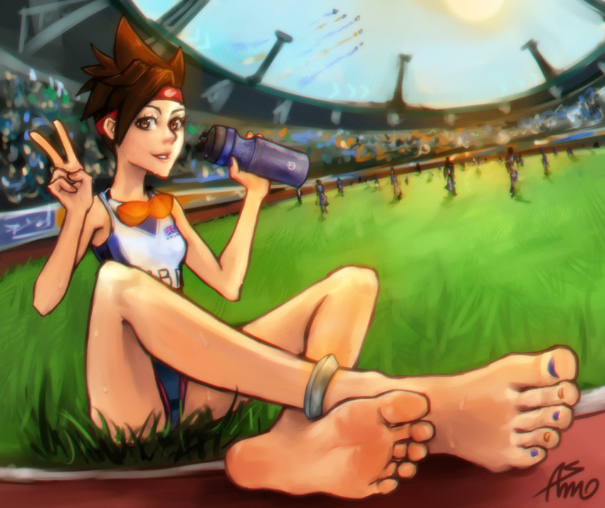 1girl alternate_costume anklet asmo_deus bare_shoulders barefoot bottle brown_eyes brown_hair feet foreshortening goggles goggles_around_neck grass headband jewelry lips olympics overwatch pov_feet short_hair sitting skinny smile soles solo_focus spiky_hair sprinter_tracer stadium sweat toenail_polish toes tracer_(overwatch) v water_bottle weapon