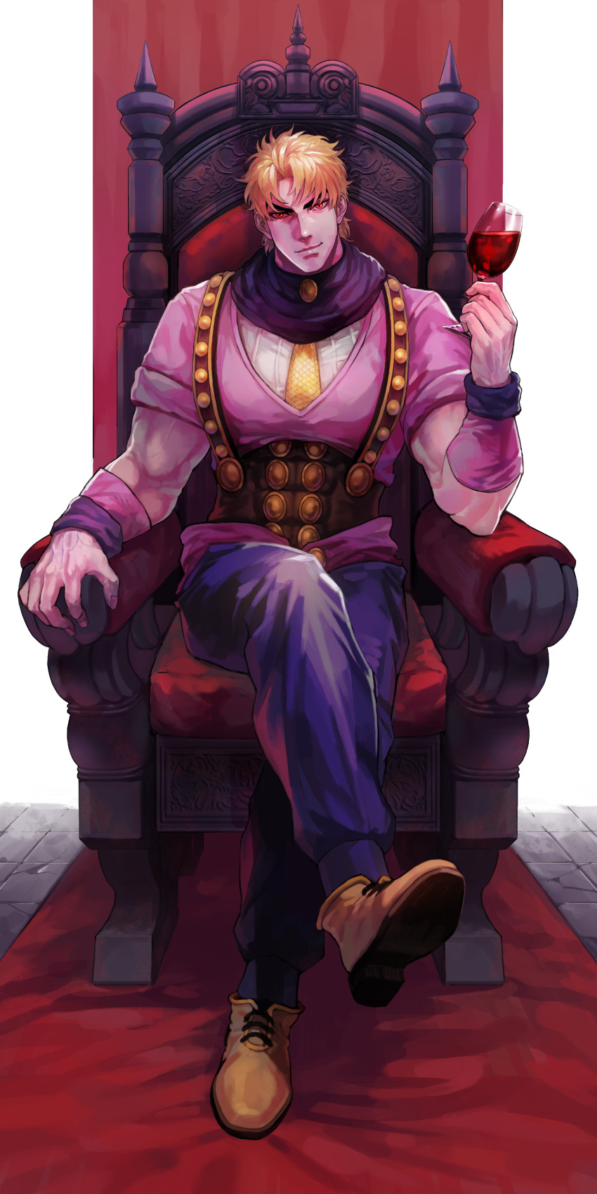 1boy absurdres alcohol birthmark blonde_hair chair cup dio_brando drinking_glass full_body highres jojo_no_kimyou_na_bouken legs_crossed male_focus muscle red_eyes sb_(hiratsei) sitting smile solo veins wine wine_glass
