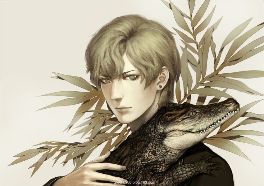 1boy alligator animal closed_mouth eyelashes green0205 green_eyes green_hair green_nails looking_at_viewer male_focus matching_hair/eyes nail_polish original plant reptile simple_background slit_pupils solo upper_body web_address
