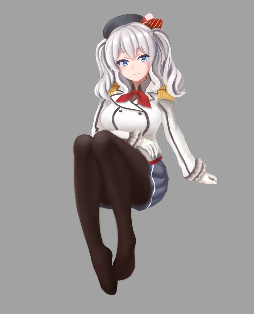 1girl blue_eyes breasts cang_se_ye_hua epaulettes gloves grey_background highres kantai_collection kashima_(kantai_collection) long_hair looking_at_viewer pantyhose silver_hair sitting smile solo twintails white_gloves