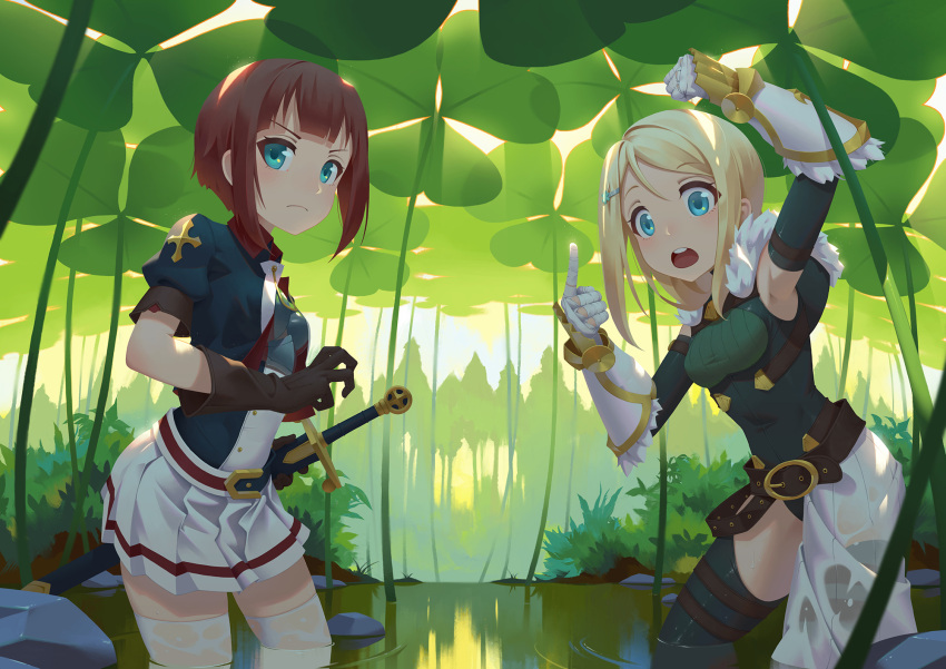 2girls aqua_eyes arm_up ayase_arisa belt blonde_hair brown_hair clover contrapposto forest fur_trim gloves highres kousaka_yukiho long_hair love_live! love_live!_school_idol_project miniskirt multiple_girls nature pleated_skirt pointing pointing_up regition river serious short_hair skirt sword teeth thigh-highs thigh_strap vambraces wading weapon wet zettai_ryouiki