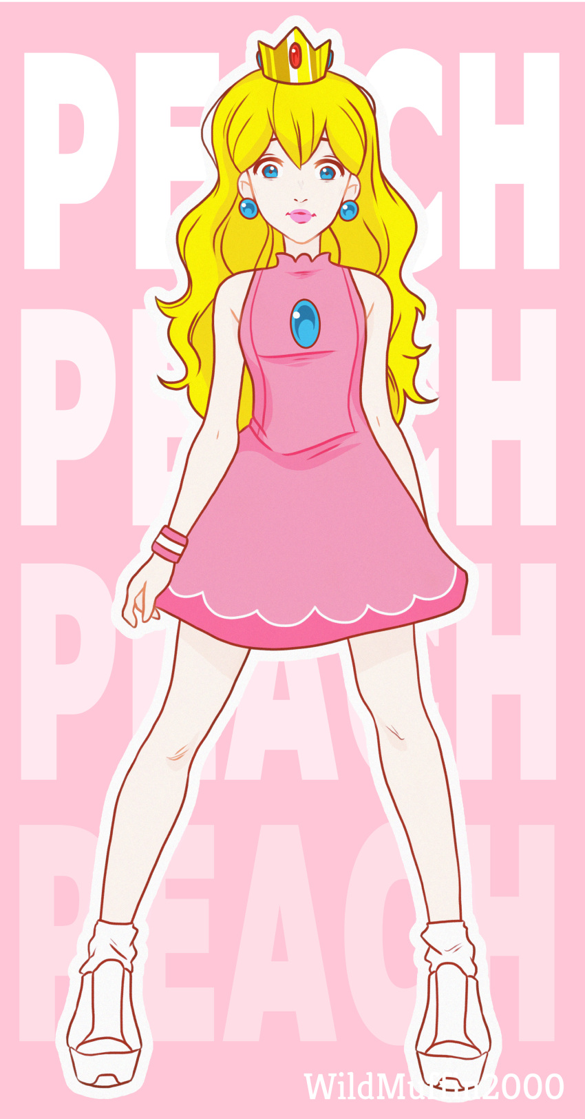 1girl absurdres blonde_hair blue_eyes bracelet crown dress highres jewelry lipstick long_hair looking_at_viewer makeup pink_background pink_dress pink_lips princess_peach socks solo super_mario_bros. wildmuffin2000