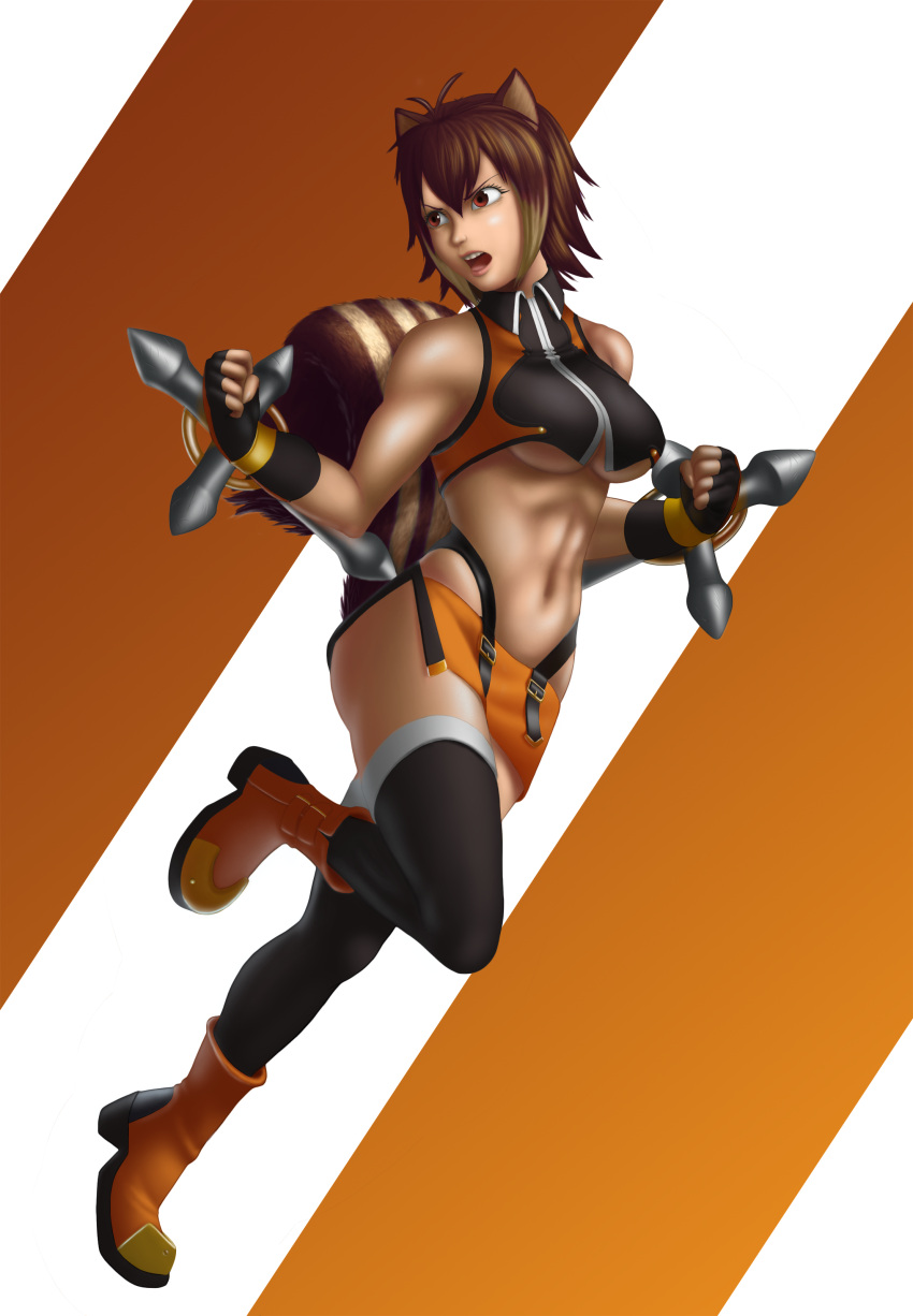 1girl absurdres animal_ears antenna_hair bare_shoulders black_legwear blazblue boots breasts brown_hair clenched_hands fingerless_gloves full_body gloves highleg highres jumping makoto_nanaya midriff multicolored_hair navel open_mouth orange_boots orange_skirt pelvic_curtain quesm red_eyes short_hair side_slit skirt solo squirrel_ears squirrel_tail tail thigh-highs tonfa two-tone_hair under_boob weapon