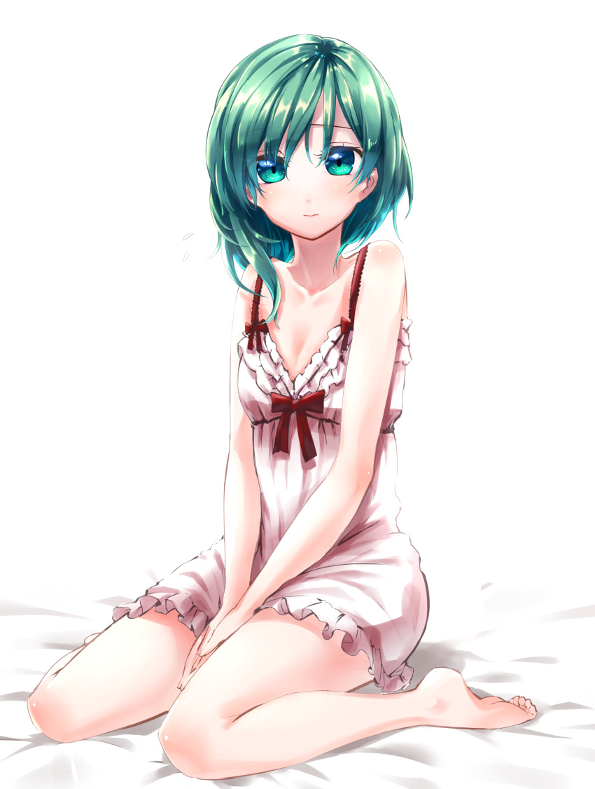 1girl absurdres alternate_costume asymmetrical_hair bare_shoulders barefoot blush bow breasts chemise cleavage closed_mouth collarbone commentary_request full_body green_eyes green_hair highres looking_at_viewer mappe_(778exceed) matching_hair/eyes no_hat no_headwear red_bow shiki_eiki sitting small_breasts smile solo touhou wariza white_background