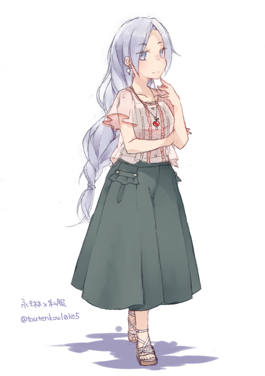 1girl alternate_costume closed_mouth collarbone contemporary earrings full_body green_skirt grey_eyes highres jewelry long_skirt looking_at_viewer pendant sandals silver_hair simple_background skirt smile solo touhou toutenkou white_background yagokoro_eirin
