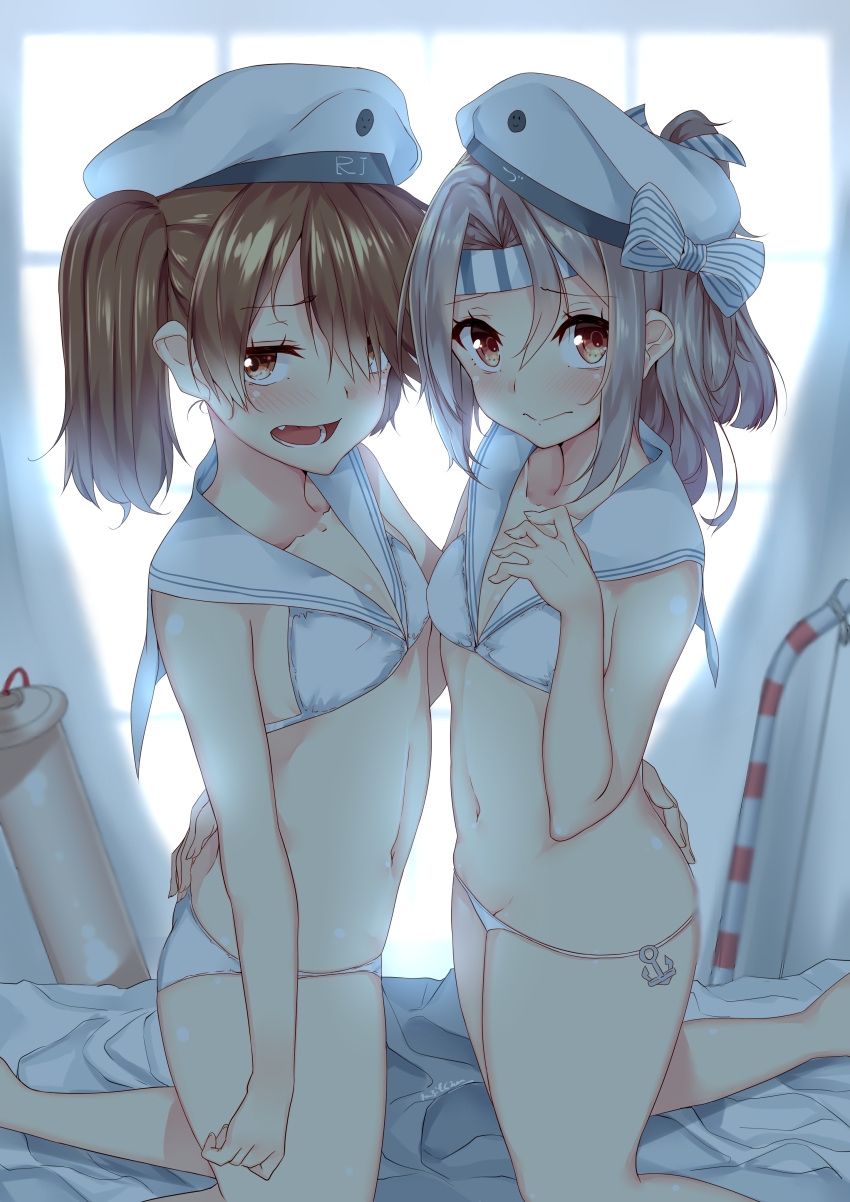 2girls absurdres alternate_costume ass bed bed_sheet beret bikini blush breasts brown_eyes brown_hair character_name cosplay embarrassed fang groin hair_between_eyes hair_over_one_eye hair_ribbon hand_on_another's_hip hat hat_ribbon high_ponytail highres indoors kantai_collection kneeling light_brown_hair long_hair looking_at_viewer matching_outfit micro_bikini midriff multiple_girls nebu_soku open_mouth ribbon ryuujou_(kantai_collection) sailor_bikini sailor_collar sailor_hat shy small_breasts swimsuit twintails wavy_mouth white_bikini white_hat z3_max_schultz_(kantai_collection) z3_max_schultz_(kantai_collection)_(cosplay) zuihou_(kantai_collection)