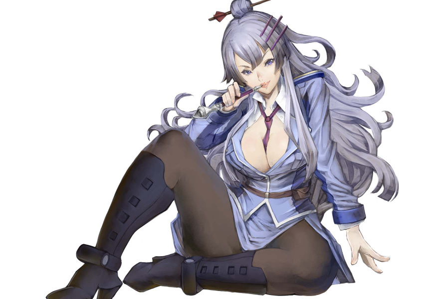 1girl arm_support belt between_breasts black_boots black_legwear boots breasts center_opening cleavage frolaytia_capistrano full_body hair_bun hair_ornament heavy_object highres large_breasts lipstick long_hair long_sleeves looking_at_viewer makeup military military_uniform necktie necktie_between_breasts pantyhose pink_lipstick purple_necktie shimashima_(pixiv3696209) shimashima_(simasima_23) sidelocks silver_hair smile solo uniform violet_eyes wavy_hair white_background